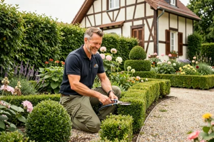 Jardinier professionnel entretenant un jardin résidentiel devant une maison alsacienne typique du Grand Est