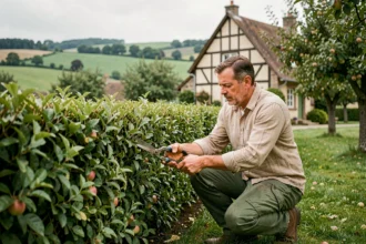 Jardinier professionnel entretenant une haie normande devant une maison à colombages en Normandie