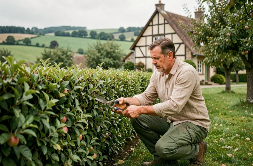 Jardinier professionnel entretenant une haie normande devant une maison à colombages en Normandie