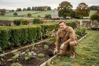 Paysagiste professionnel travaillant dans un jardin typique du Calvados en Normandie