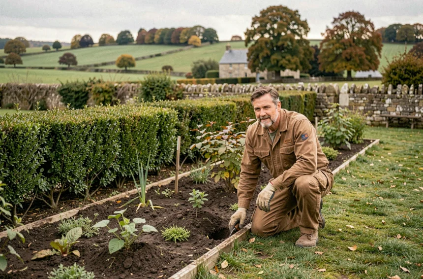 Paysagiste professionnel travaillant dans un jardin typique du Calvados en Normandie