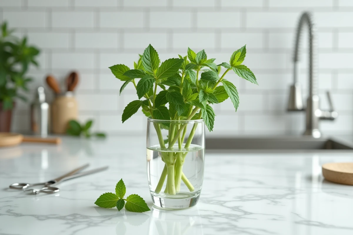 Tiges de menthe dans un verre d'eau avec feuilles noircissantes sur un plan de travail en marbre