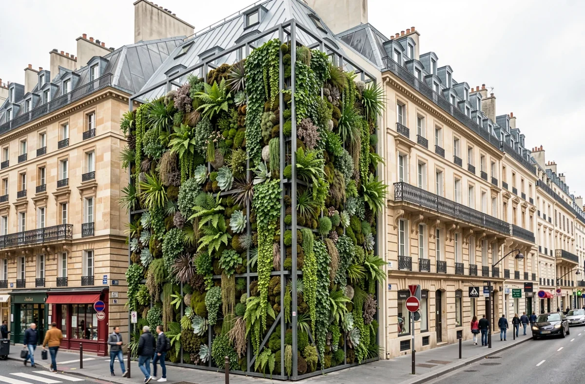 Mur végétal urbain installé sur une façade haussmannienne à Paris par une entreprise de végétalisation