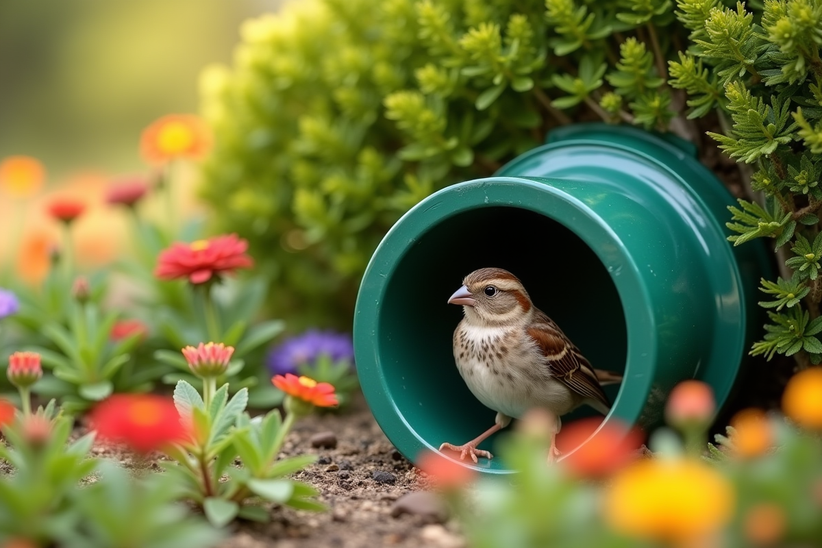 Moineau entrant dans un abri en PVC camouflé parmi les buissons verts
