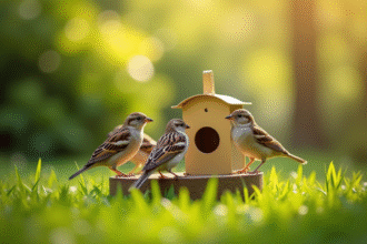 Petite groupe de moineaux autour d'un abri en PVC dans un jardin ensoleille