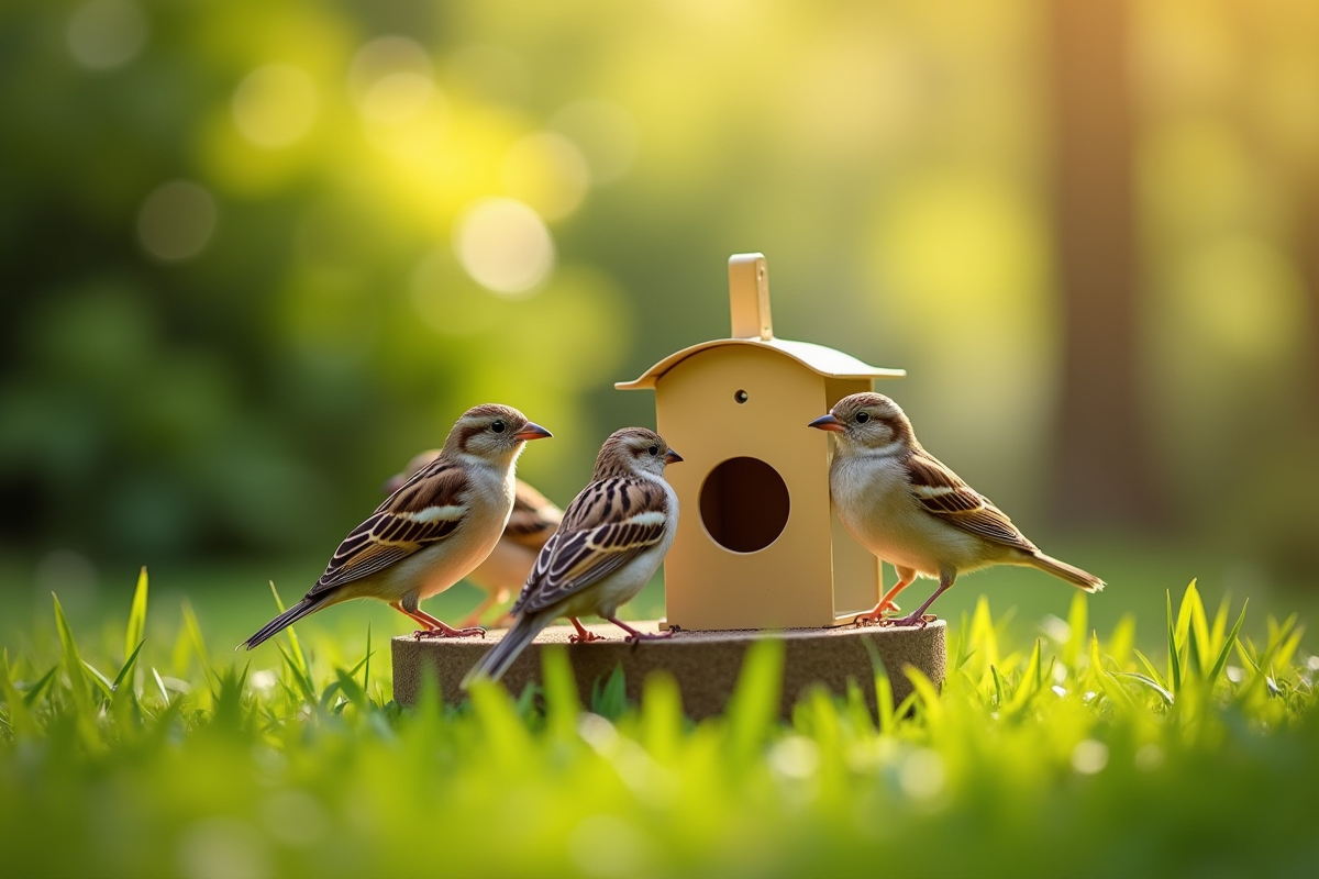 Petite groupe de moineaux autour d'un abri en PVC dans un jardin ensoleille