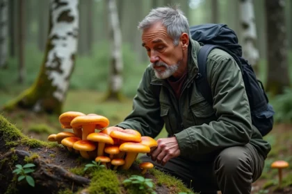 Mycologue examinant des champignons orange dans la forêt