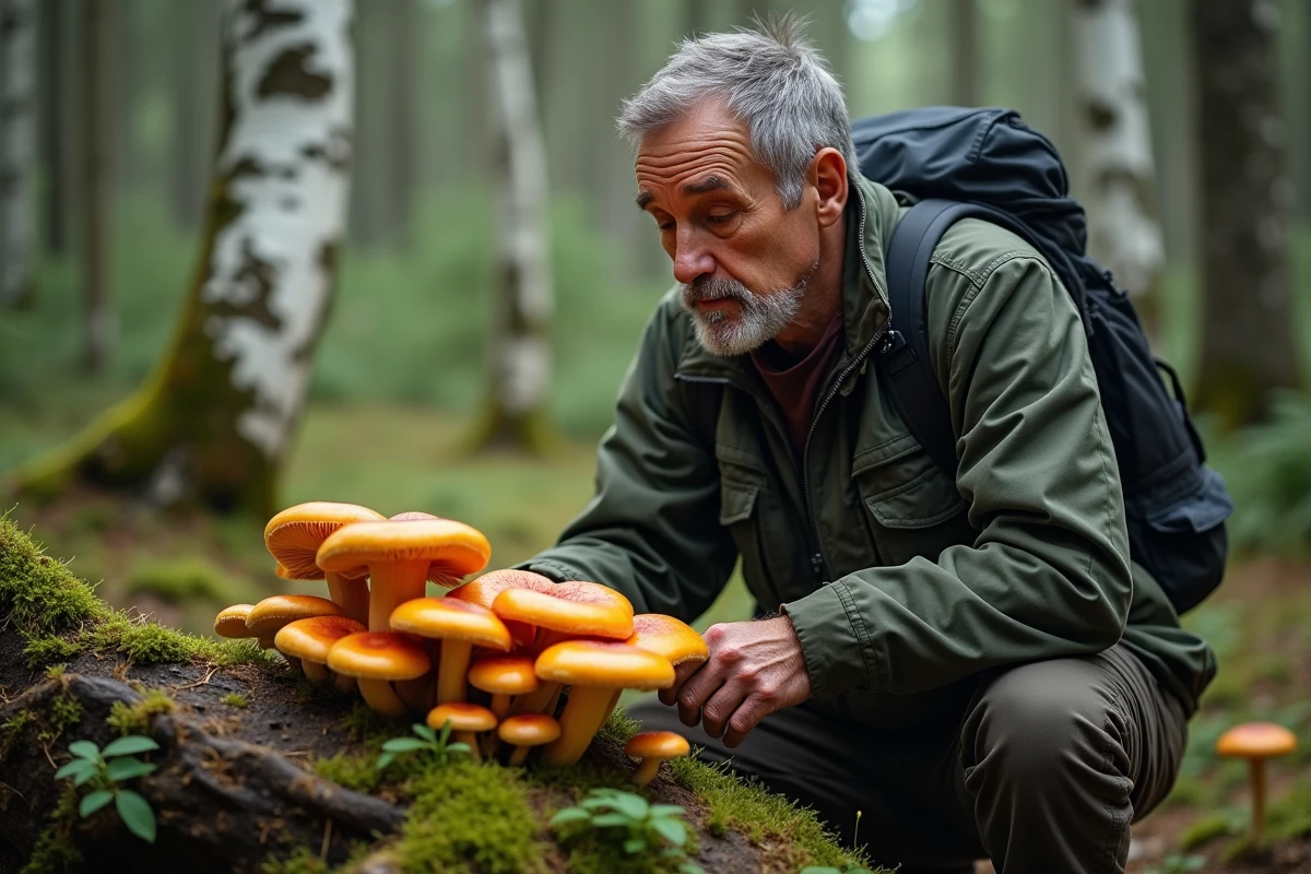 Mycologue examinant des champignons orange dans la forêt