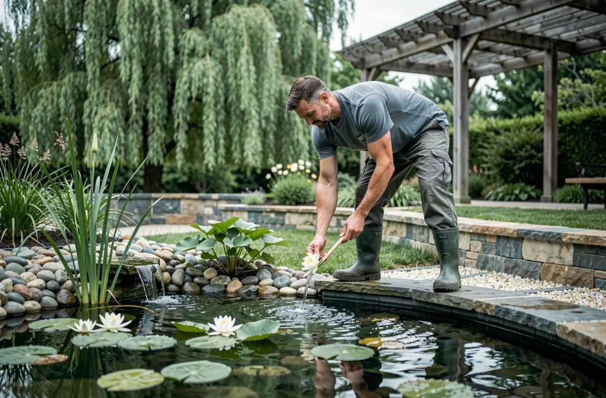 Spécialiste de Normandie Aqua Paysage aménageant une pièce d'eau et des plantes aquatiques dans un jardin calvadosien