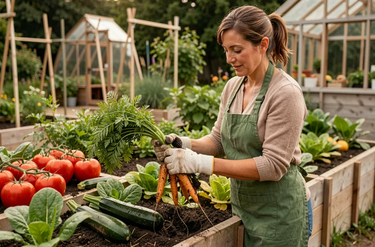 O'Bio Potager : jardinière récoltant des légumes biologiques dans un potager surélevé en bois
