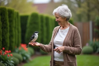 Oiseau gris et blanc posé sur la main d'une femme âgée dans un jardin