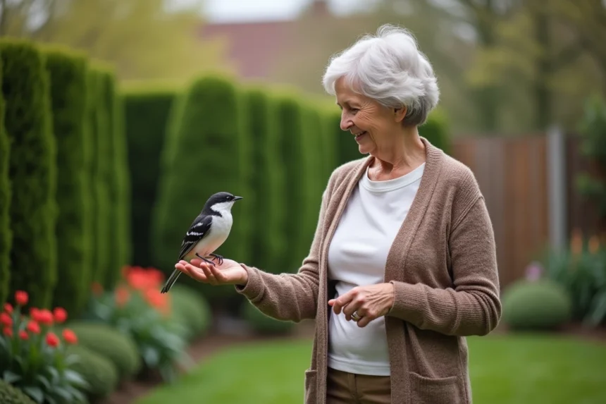 Oiseau gris et blanc posé sur la main d'une femme âgée dans un jardin