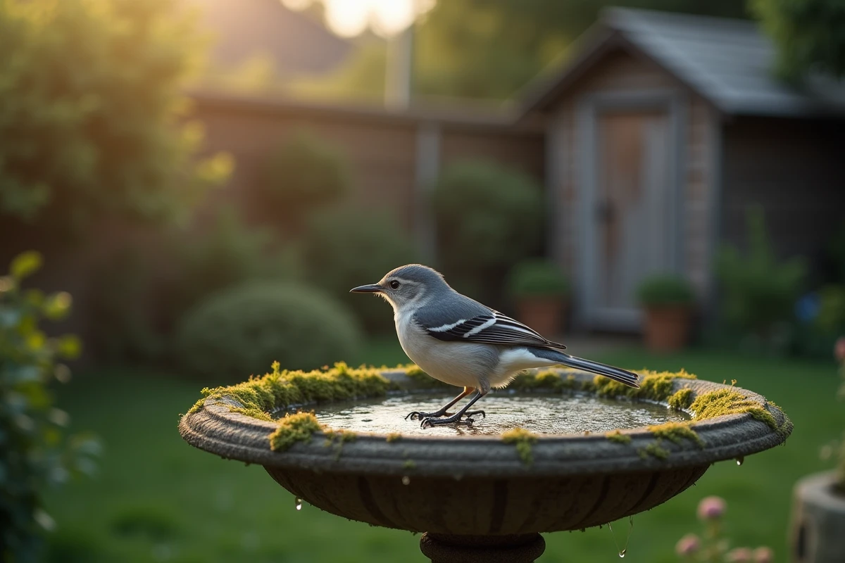 Oiseau gris et blanc sur un bassin en pierre dans un jardin matinal