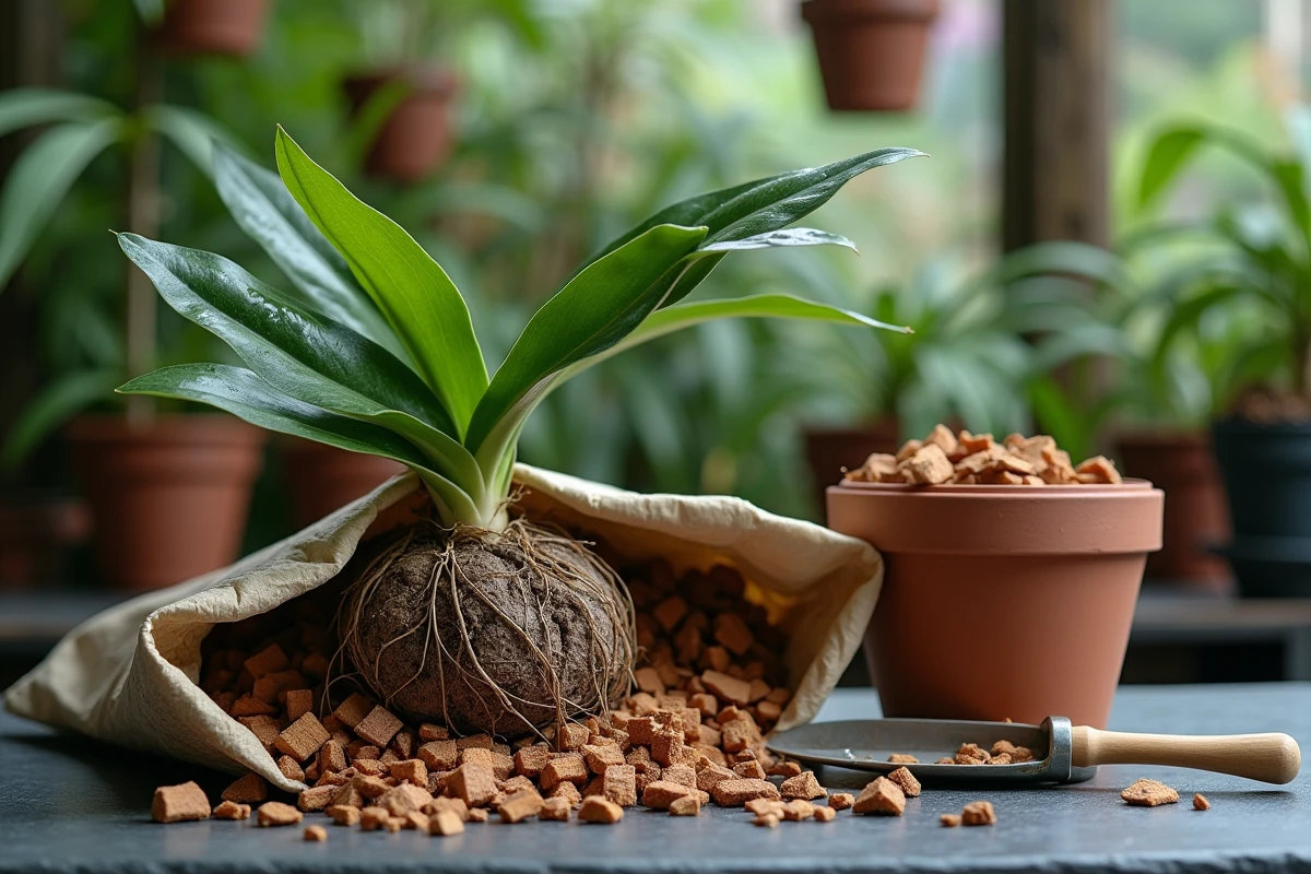 Orchidée Vanda avec racines aériennes humides posée près d'écorce de pin en morceaux et d'un panier en argile pour rempotage en serre