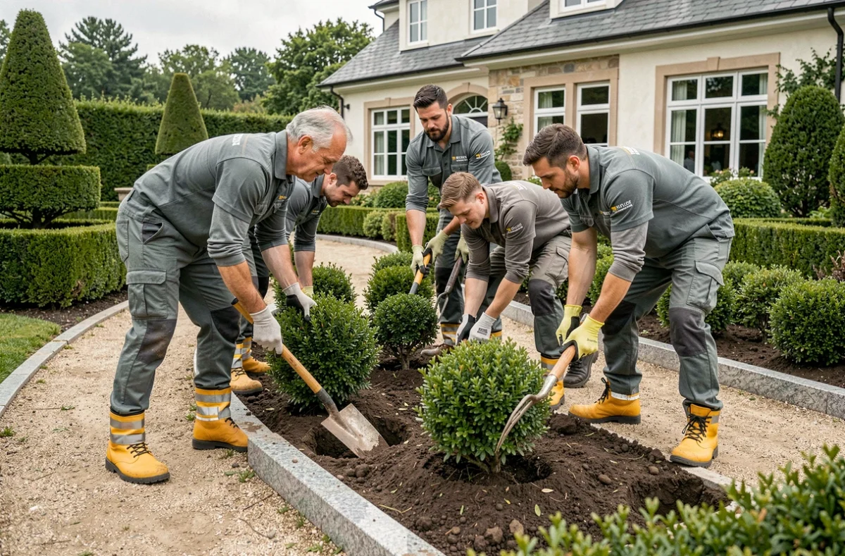 Équipe Ornata réalisant l'aménagement paysager d'un jardin résidentiel en Normandie