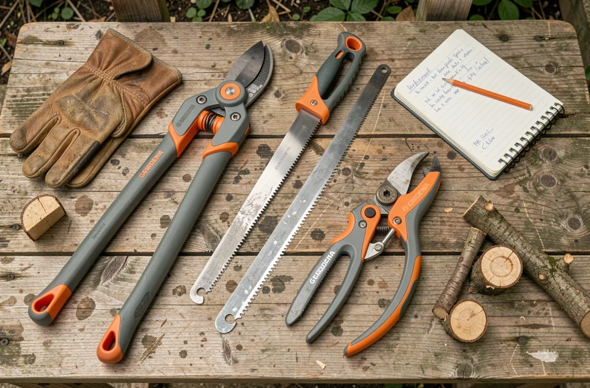 Vue à plat d'une gamme d'outils d'élagage Gardena sur un établi en bois dans un atelier de jardin
