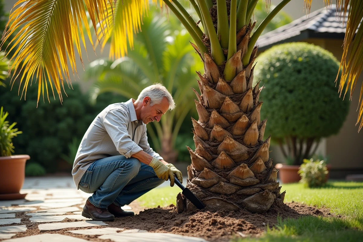 Palmier extérieur aux frondes inférieures jaunes inspecté par un jardinier dans un jardin résidentiel