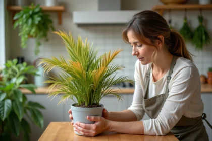 Palmier en pot avec feuilles jaunissantes examinées par une jardinière dans une cuisine rustique