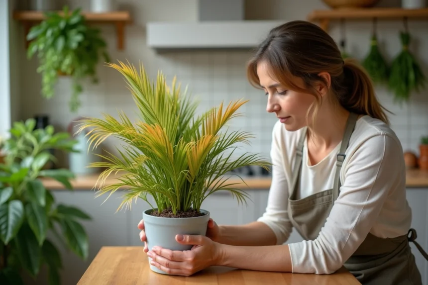 Palmier en pot avec feuilles jaunissantes examinées par une jardinière dans une cuisine rustique