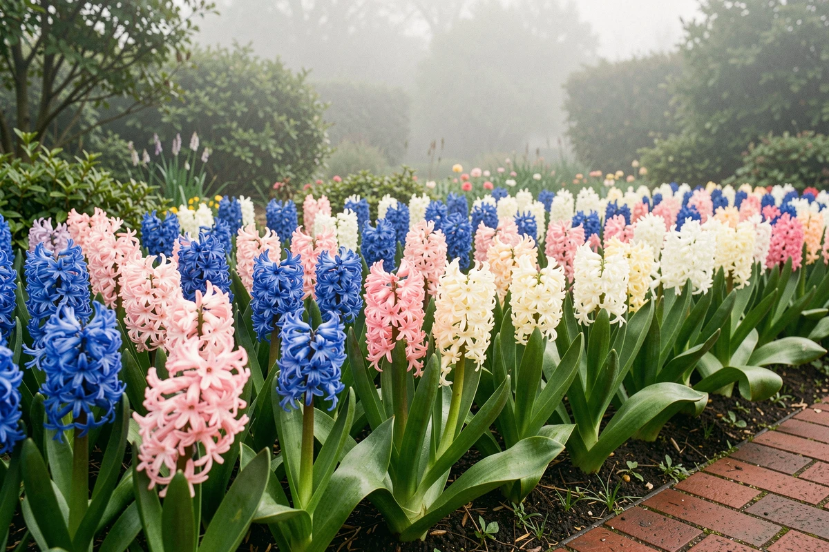 Parterre de jacinthes orientalis en pleine floraison printanière avec fleurs bleues, roses et blanches le long d'une allée en brique