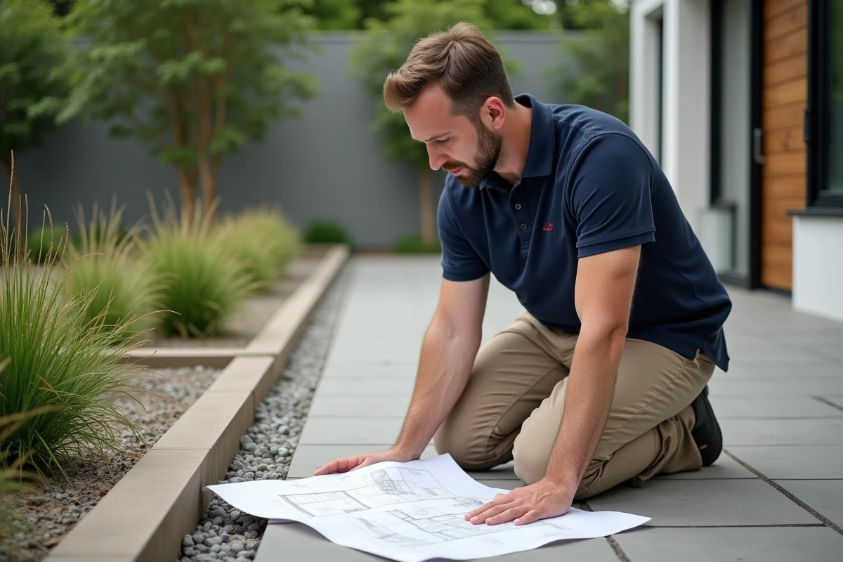 Paysagiste professionnel en train de planifier l'aménagement d'un jardin extérieur premium avec bordures décoratives et allées en gravier