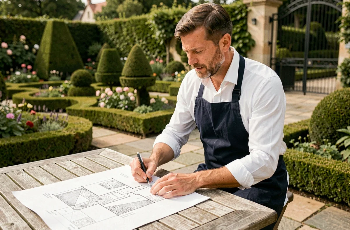 Paysagiste Concept : concepteur paysagiste examinant des plans de jardin devant un espace vert aménagé en Alsace