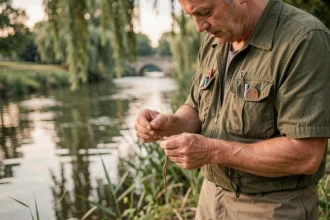 Pêcheur enfilant un ver de terre sur un hameçon au bord d'une rivière française, gros plan sur les mains et le matériel de pêche