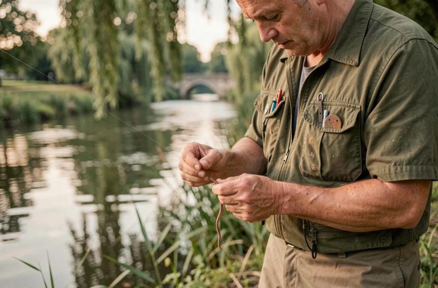 Pêcheur enfilant un ver de terre sur un hameçon au bord d'une rivière française, gros plan sur les mains et le matériel de pêche