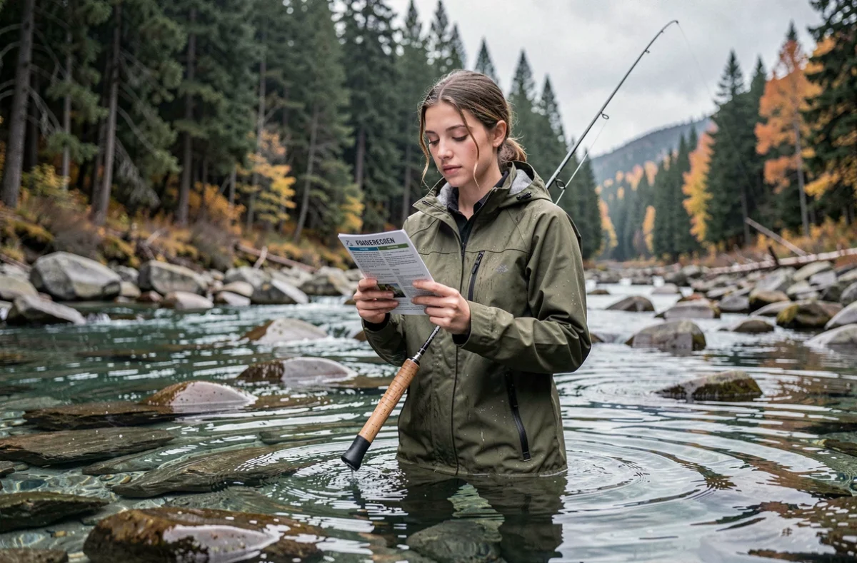 Pêcheuse en rivière de montagne consultant la réglementation de pêche, bottes en caoutchouc et veste imperméable dans un cours d'eau clair