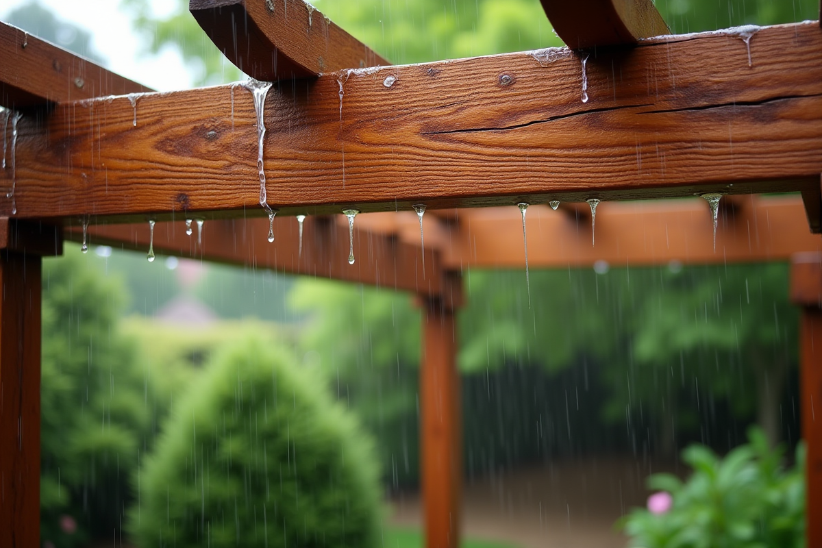 Pergola en bois après pluie avec gouttes d