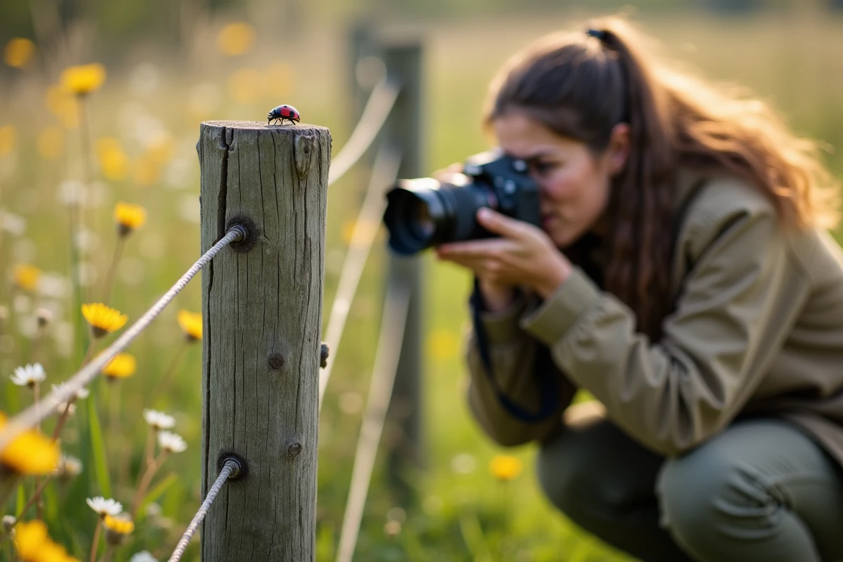 Photographe femme en train de photographier une coccinelle noire dans une prairie fleurie au printemps