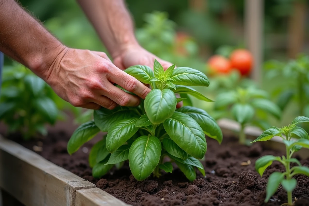Mains masculines pinçant les tiges fleuries d'un basilic cultivé en pleine terre dans un potager