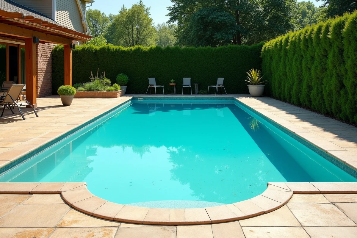 Piscine coque rénovée avec margelles en pierre naturelle et terrasse carrelée dans un jardin résidentiel
