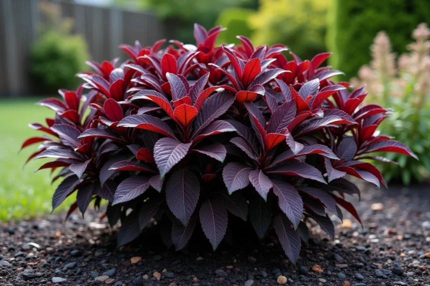 Arbuste Pittosporum tenuifolium Kohuhu à feuillage pourpre foncé dans un massif de jardin avec paillis organique