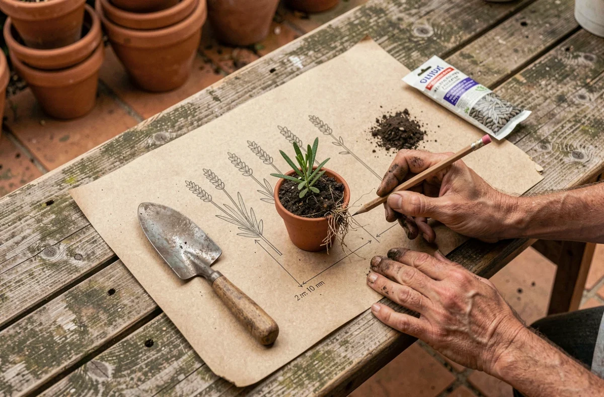 Plan de plantation de lavande avec mesures d'espacement dessinées sur papier kraft et jeune plant en pot