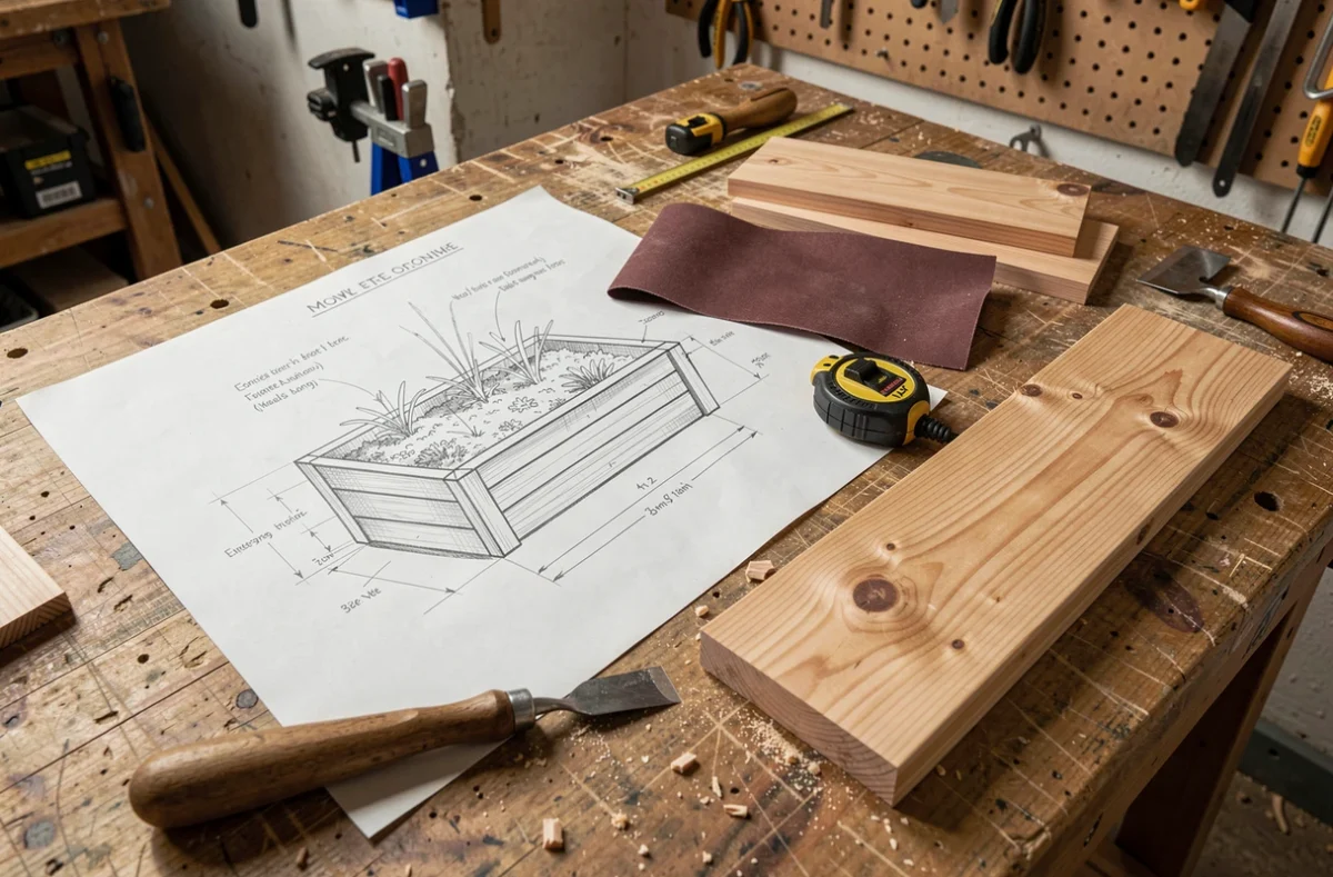 Plans de construction détaillés et outils de menuiserie pour fabriquer une jardinière en bois surélevée