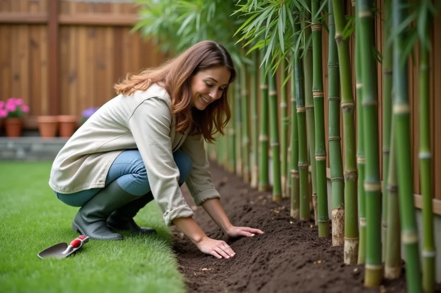 Femme plantant des bambous non traçants Fargesia en haie dans un jardin, avec espacement bien marqué entre les touffes