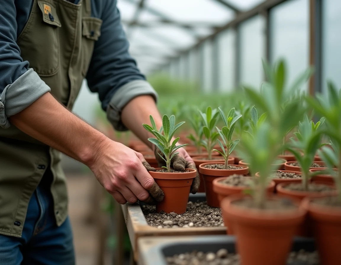 Homme plantant des boutures de sauge dans des petits pots en terre cuite à l'intérieur d'une serre