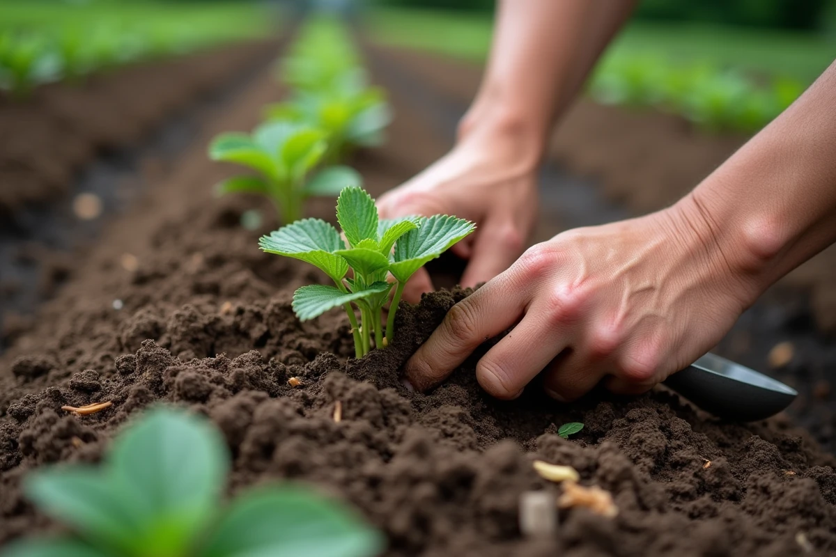 Mains en train de planter des jeunes fraisiers dans un sol riche avec un paillage naturel biodégradable