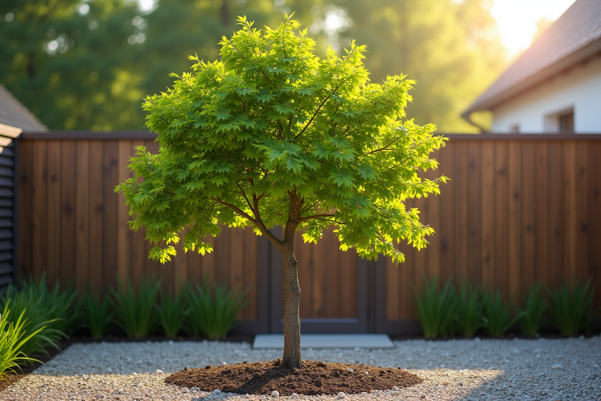 Jeune ginkgo biloba dans un jardin moderne en France