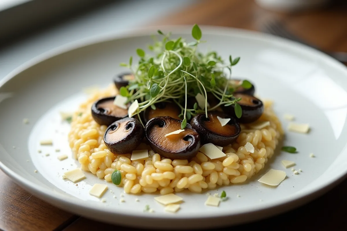 Plat gourmet de champignons trumpets noirs sautés avec risotto crémeux