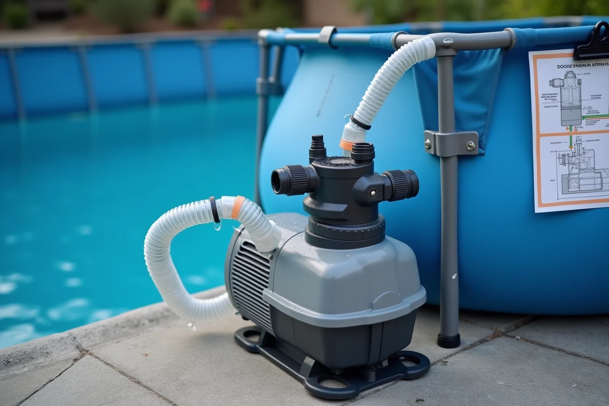 Pompe de filtration Intex connectée avec tuyaux et schéma d'installation fixé sur le cadre de la piscine hors-sol