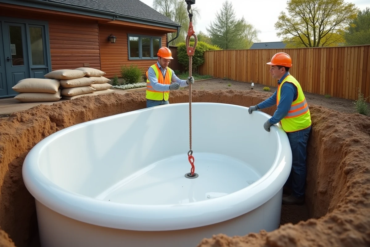 Pose d'une piscine coque en fibre de verre dans une excavation de jardin résidentiel
