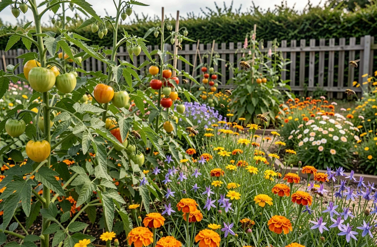 Vue panoramique d'un potager fleuri attirant abeilles et syrphes pour polliniser naturellement les tomates