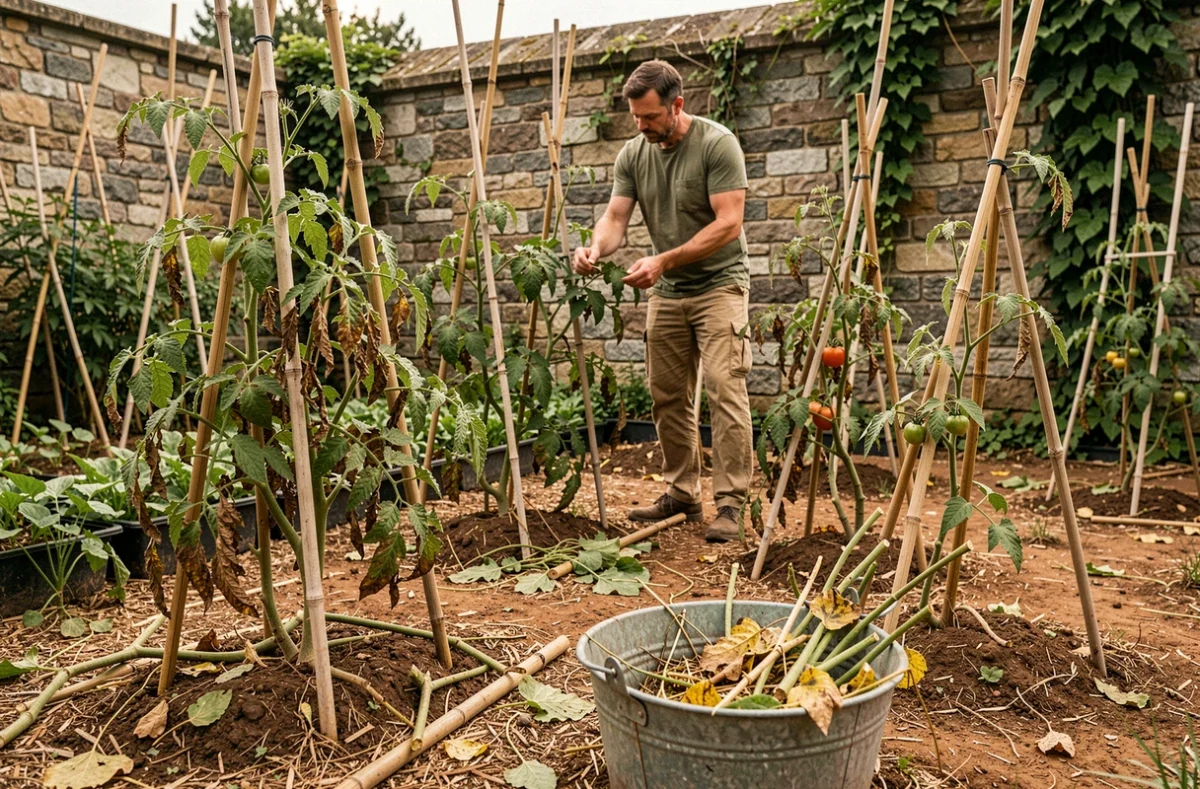 Vue d'ensemble d'un potager avec des pieds de tomates stressés par la chaleur estivale après taille