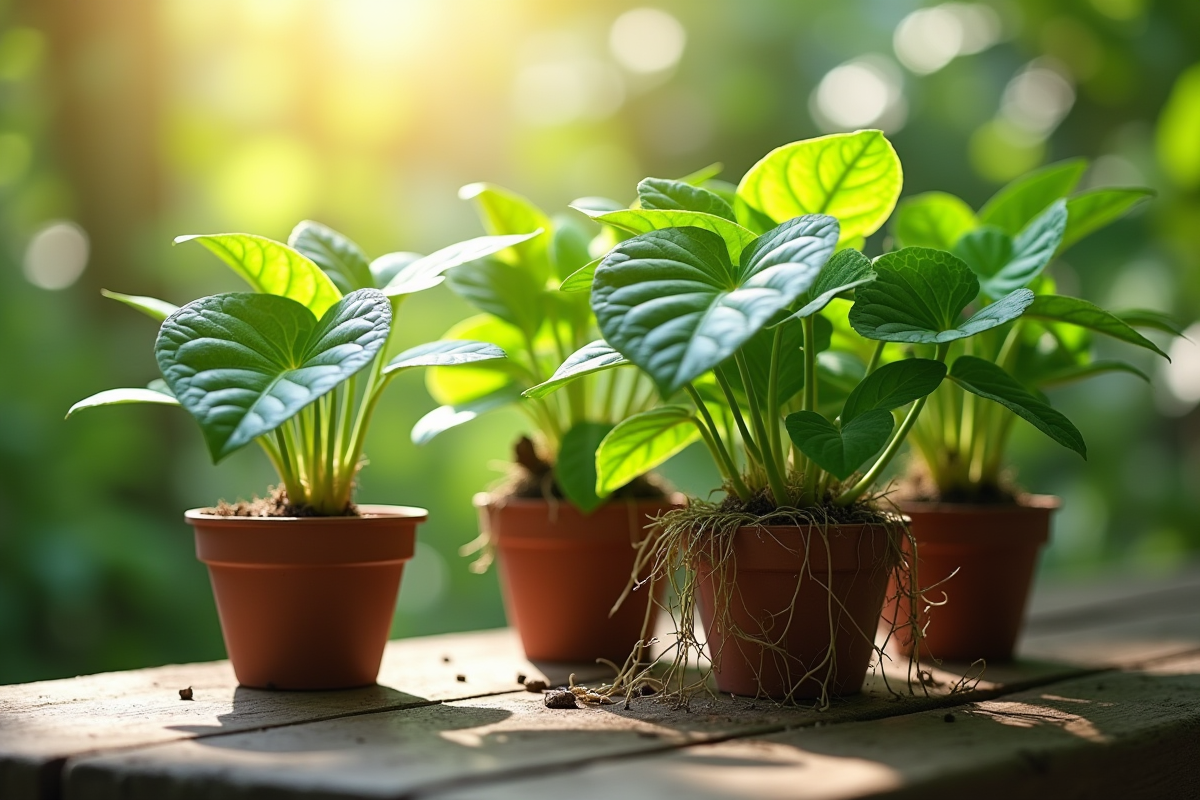 Plusieurs pothos avec racines en développement dans des petits pots en extérieur