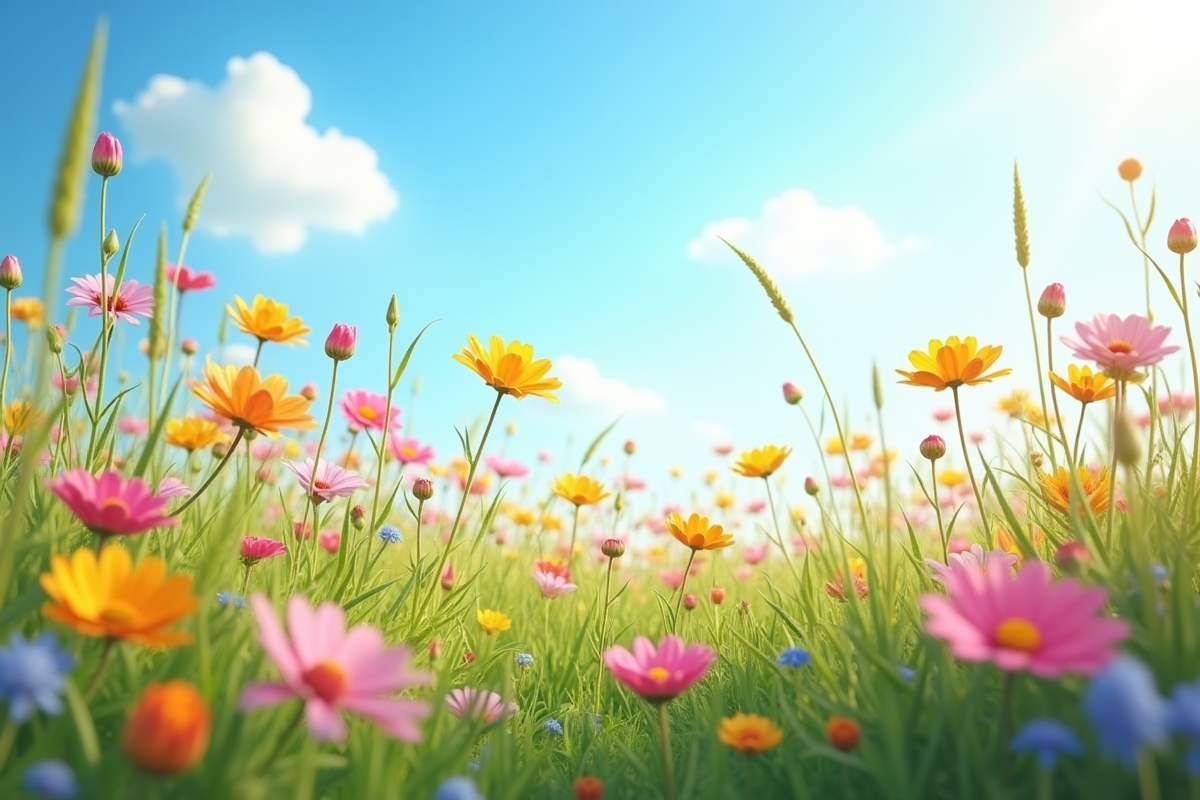 Prairie de fleurs sauvages en pleine floraison sous un ciel bleu