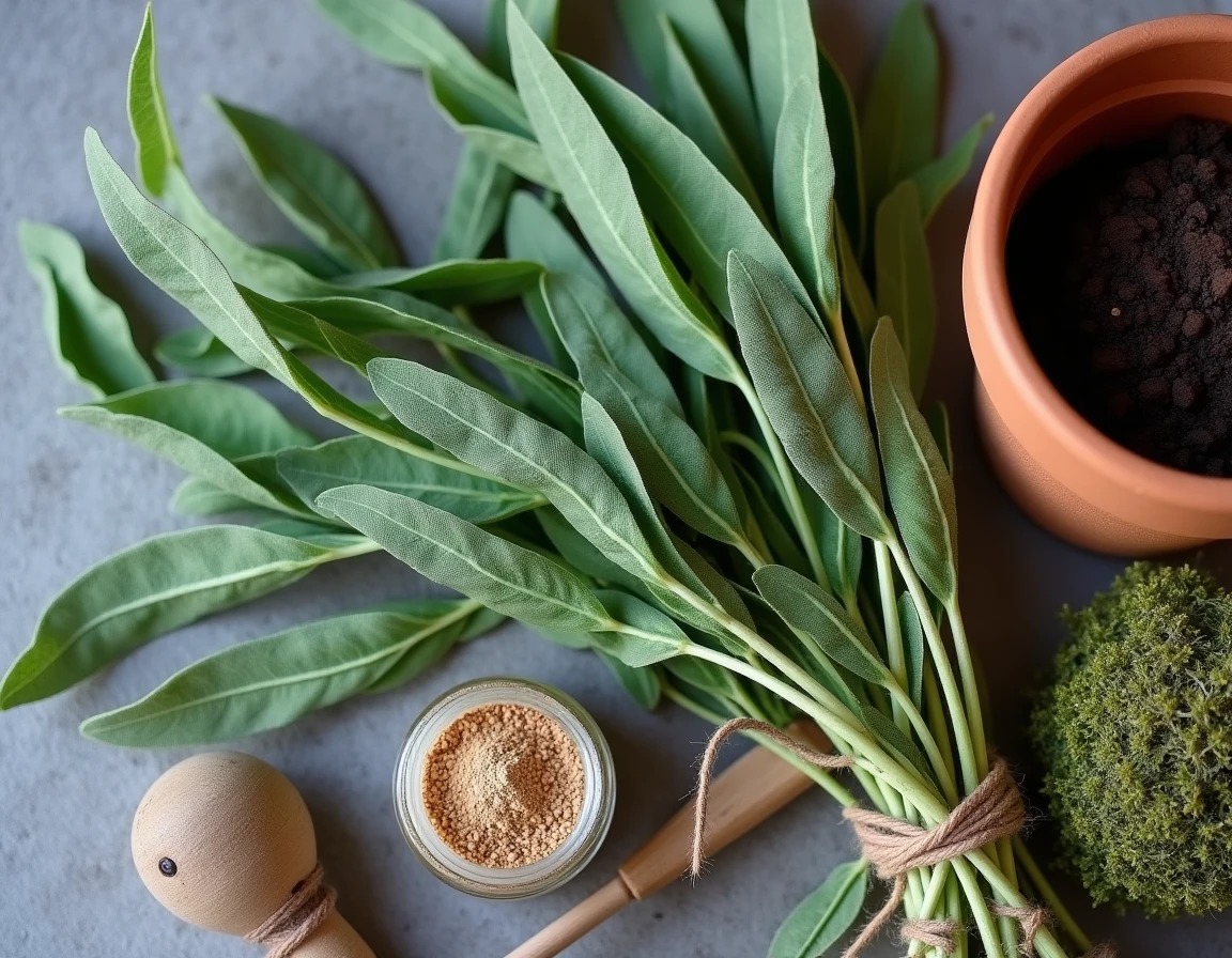 Vue rapprochée d'un arrangement de boutures de sauge prêtes à être plantées avec hormone de bouturage et substrat drainant