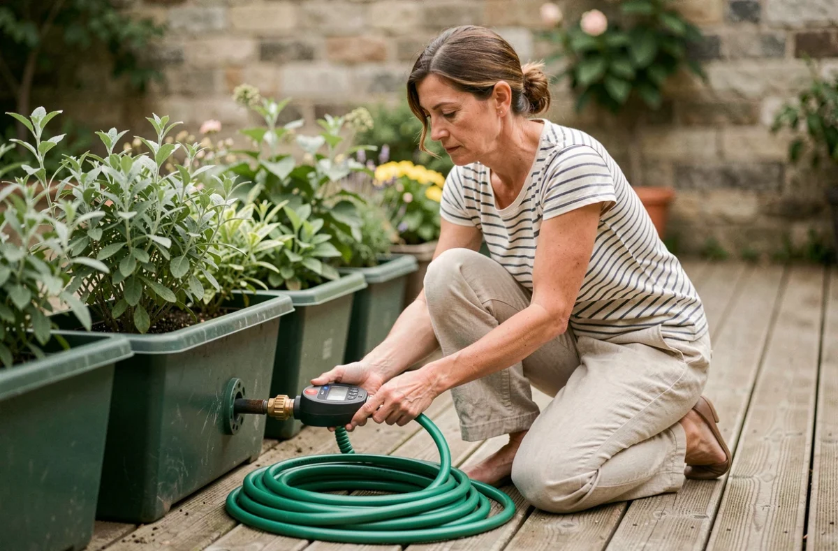 Femme réglant un programmateur d'arrosage automatique sur une terrasse en bois avec des jardinières vertes alignées