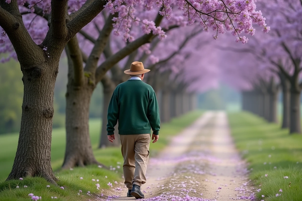 Homme âgé marche dans une allée de Paulownia en fleurs violettes